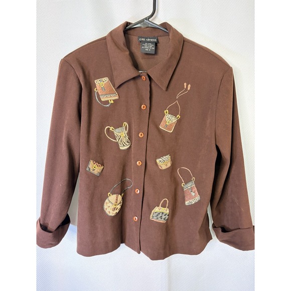 Citi Dress Tops - Citi Dress Brown Novelty Print Button Up Shirt Womens Size 12 Vintage